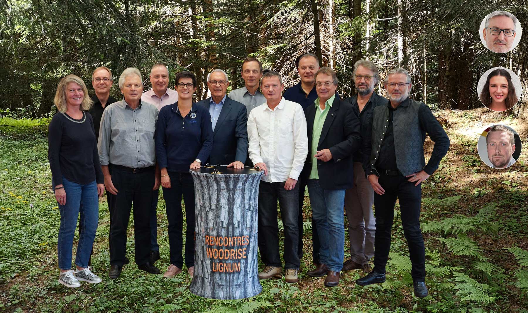 De gauche à droite : Patricia Rochat, Pierre-André Dupraz, François Duret (jusqu’en 2020), Denis Schneeberger, Nathalie Bloch, Claude Haegi (président), Marc Lehmann, Maurice Manera, Rémy Condevaux, Roger Beer, Philippe Poget, Thomas Büchi (vice- président). En médaillons de haut en bas : Peter Rupf (trésorier) Eve Ruch (collaboratrice Lignum), Eric Hubmann